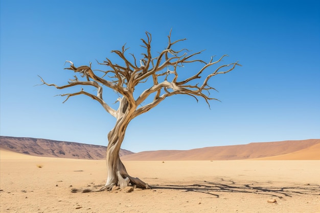 Lonely dried tree in the desert with cracked dried soil