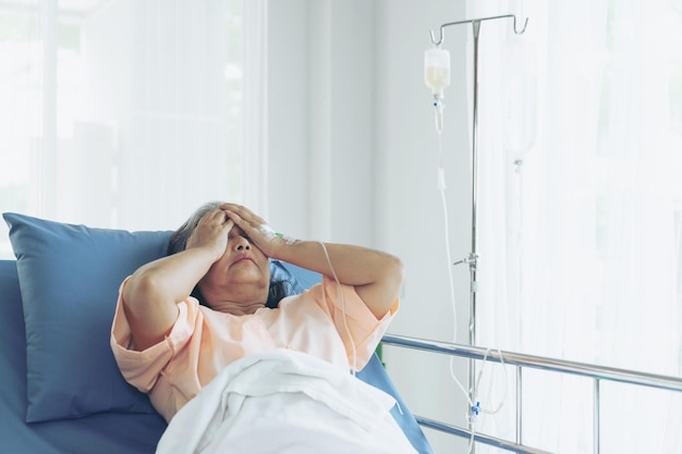 Lonely Elderly patients in hospital bed patients want to go home medical and healthcare concept