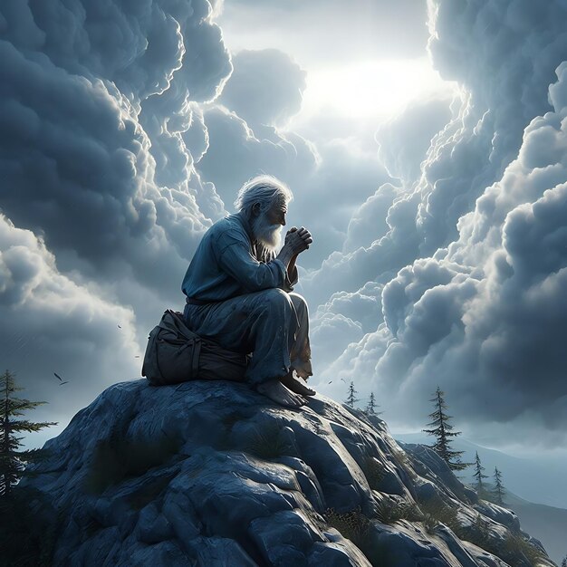 Фото Одинокий пожилой турист в горах сидит и смотрит на пейзаж ии