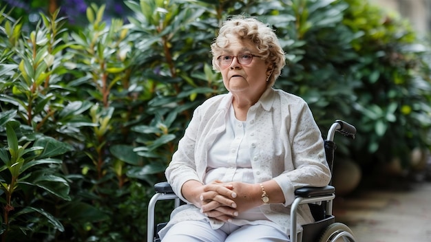孤独な高齢の女性が病院の庭で車椅子に座って悲しみを感じています
