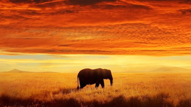 Lonely elephant against sunset and beautiful clouds in savannah serengeti national park africa tanzania