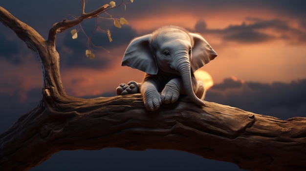 Lonely elephant baby sitting on tree branch