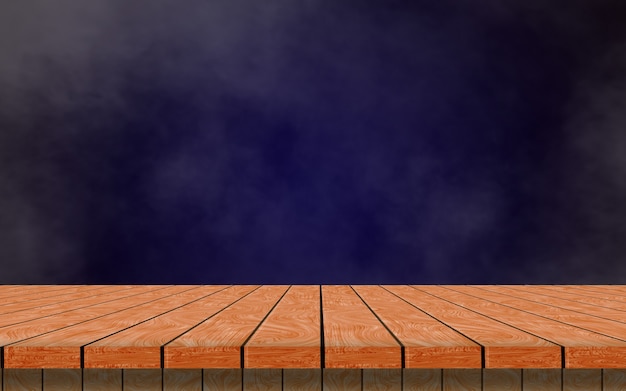 Un solitario tavolo di legno vuoto su uno sfondo blu scuro e fumo per simulare il tuo prodotto.