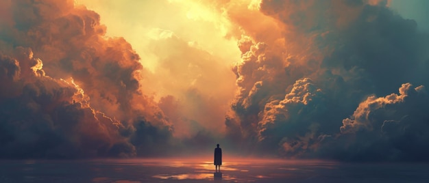 Lonely Figure Gazes At Heavenly Clouds In A Serene Surreal Landscape