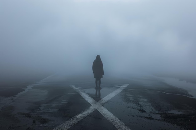 Одинокая фигура на туманной пустынной дороге