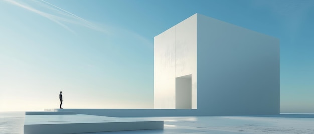 Lonely Figure Standing by Modern Minimalist Structure