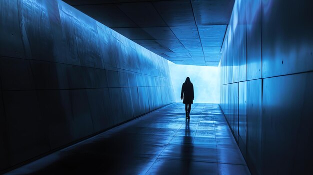 Foto figura solitaria che cammina attraverso un tunnel blu scuro verso una luce brillante alla fine del tunnel