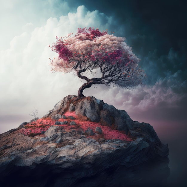 A Lonely Flowering Tree on A Rock A Picturesque View A Beautiful Meditative Abstract Generative AI Illustration