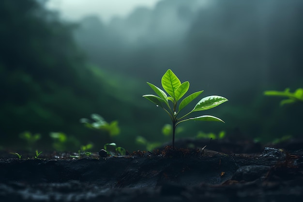 背景の暗い雨のジャングルの孤独な新鮮な小さな緑の植物