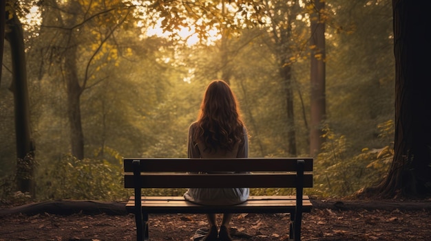 Lonely girl sitting on a bench in the forest AI generative