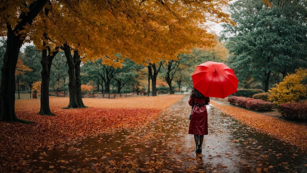 秋の公園の雨の中に孤独な少女が立っている