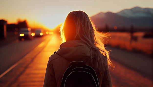 Lonely girl walks along the road during sunset Generative AI