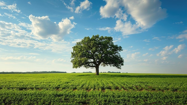 Lonely green oak tree in the field