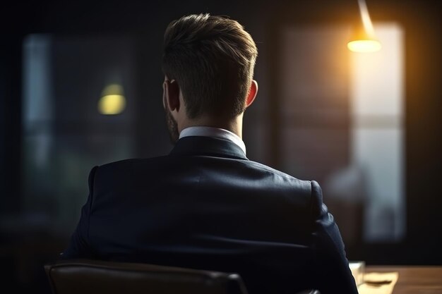 Lonely handsome businessman in suit sitting alone in office in evening back view Generative AI