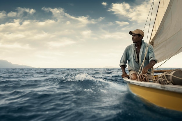 A lonely handsome man sails his small boat enjoying the sea breeze in solitude Ai generated