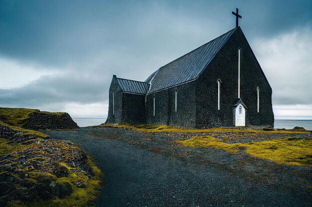 Lonely house on iceland beach against dark blue sky