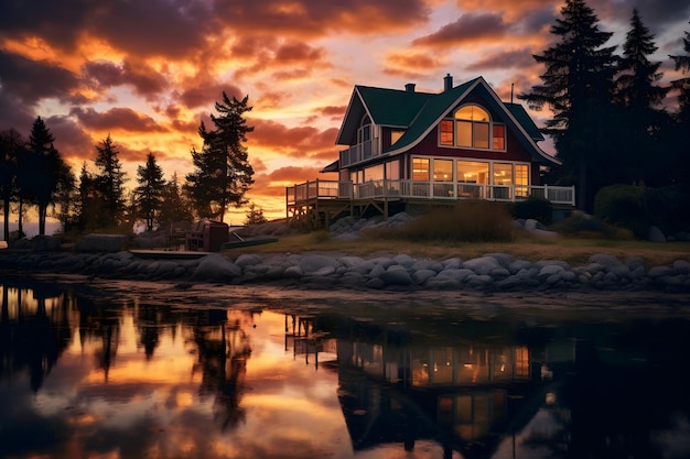 Lonely house on a lake at sunset with reflection in water