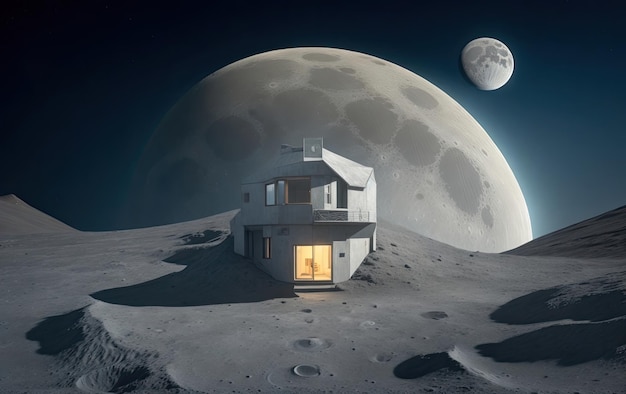 A lonely house on the lunar surface against the background of the other two moons