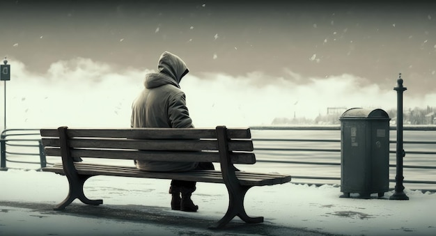 A lonely and ignored man on bench in snowy season generative ai