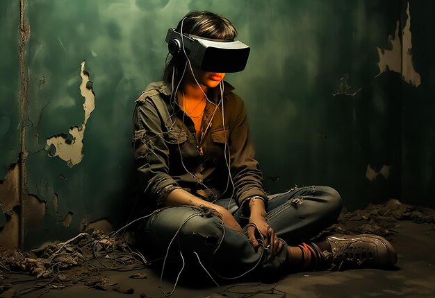 Lonely isolated homeless girl in dirty dress wearing vr glasses