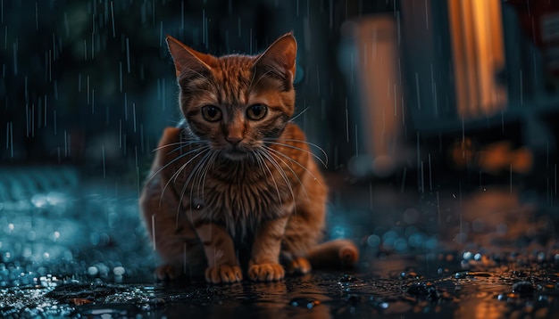 Lonely kitten in the rain at night