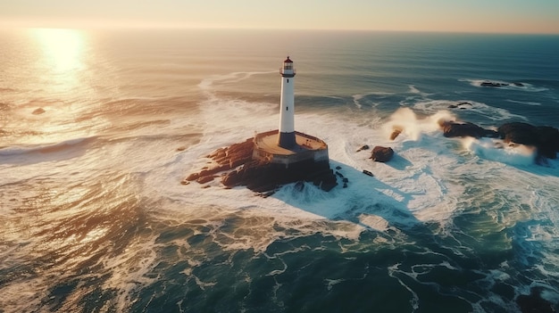 Одинокий маяк, пораженный волнами в океане в солнечный день в сумерках