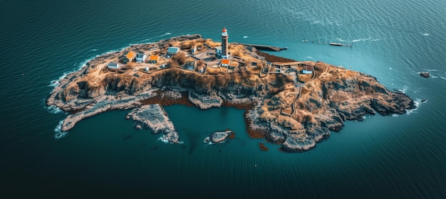 Lonely lighthouse on island hit by waves in ocean at dusk aerial view in golden hour