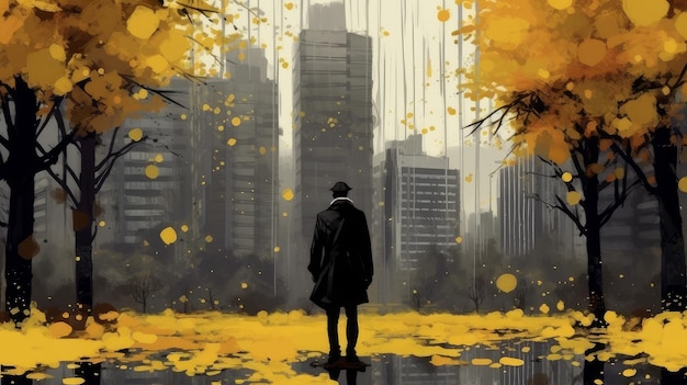 Lonely man in the city golden autumn