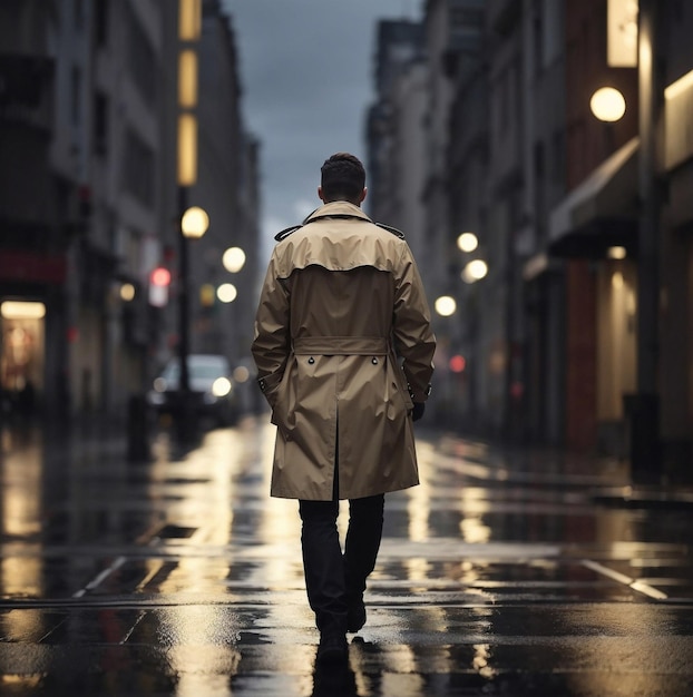 Lonely man in coat on rainy street