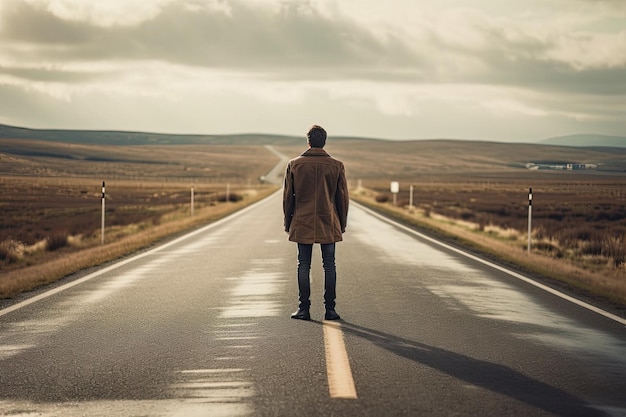 Photo lonely man on empty road