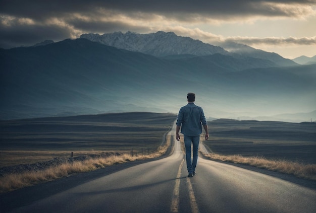 Lonely man hiking on empty road