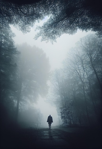 Одинокий мужчина посреди леса, наполненного туманом AI Neural Network Computer Generated Art