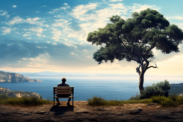 Одинокий человек сидит на скамейке под деревом и смотрит на океан Красивый пейзаж