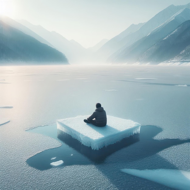 Photo a lonely man sits on an ice floe against the backdrop of a beautiful landscape