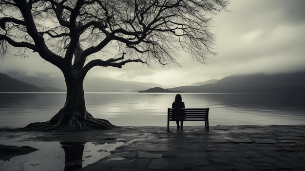 Photo lonely man sitting alone on a bench near a lake loneliness depression pain and reflection generate ai