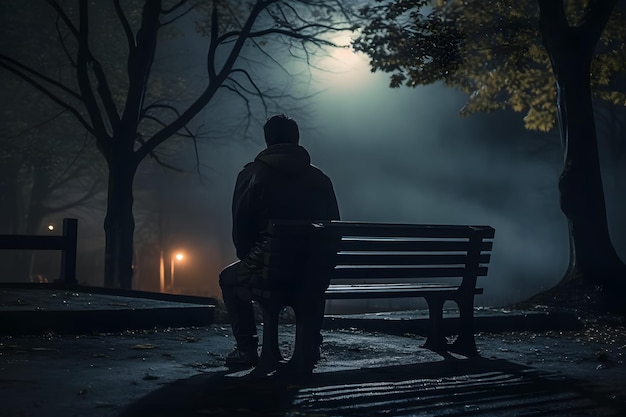 Lonely man sitting on a bench in the dark lost in thought and contemplating life's mysteries Generat