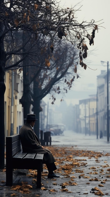 A lonely man sitting on a bench in the rain ai