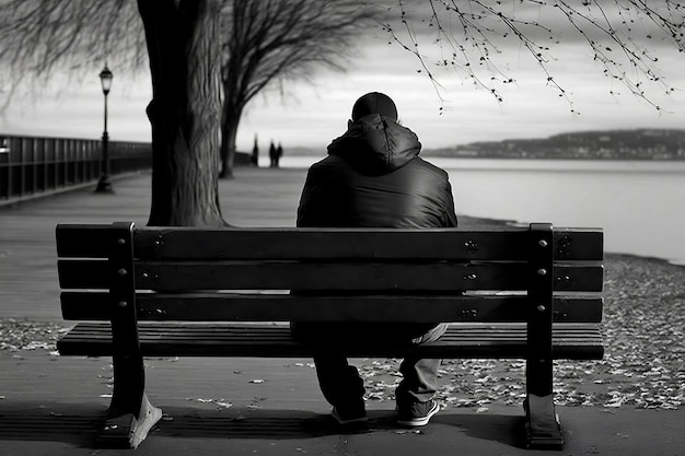 lonely man sitting on bench sad mood black and white