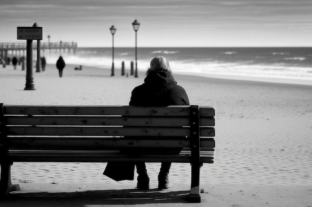 lonely man sitting on bench sad mood black and white