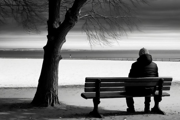 Photo lonely man sitting on bench sad mood black and white