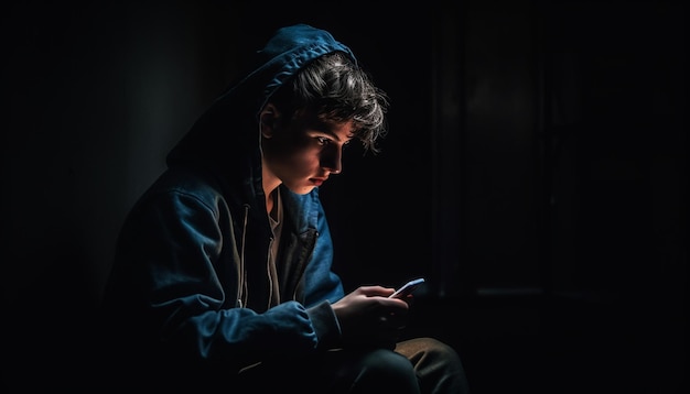 Lonely man sitting in dark texting sadness generated by AI