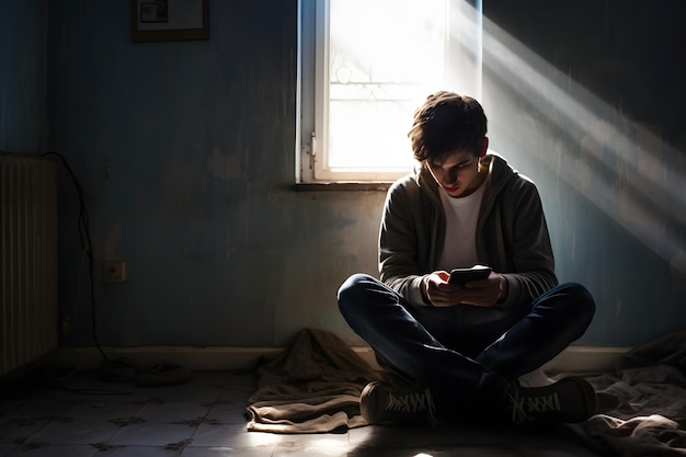 Одинокий мужчина, сидящий на полу, глядя в окно в тускло освещенной комнате с мрачной атмосферой.