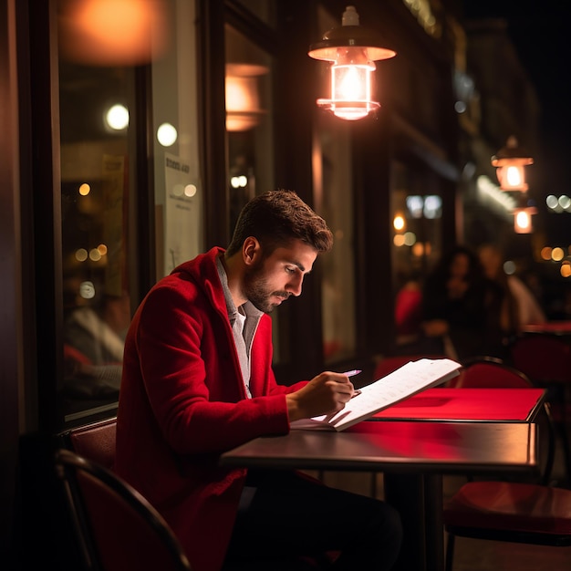 レストラン カフェ の 露天 に 座っ て いる 孤独 な 男