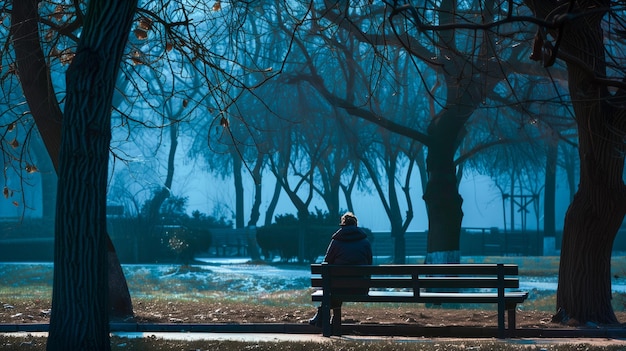 Lonely man sitting on a park bench at night