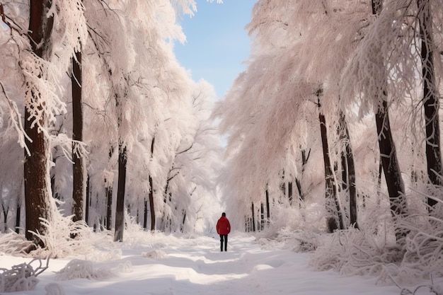 Photo lonely man in snowy pine forest