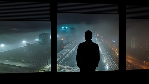 雨の背景の窓の近くに立っている孤独な男