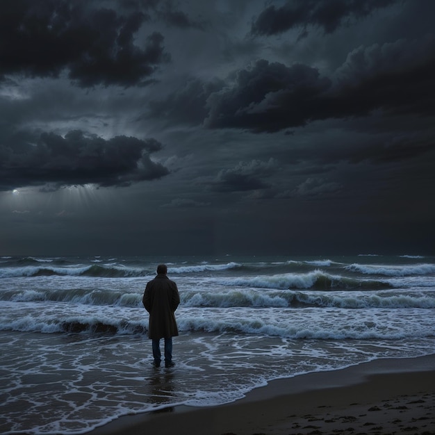 A lonely man stands on the shore of a stormy sea