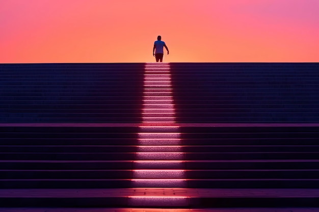 Photo a lonely man at the top of a staircase silhouetted at sunset minimalist