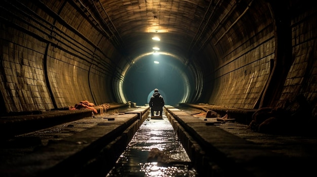 Foto uomo solo nel tunnel fognario sotterraneo ia generativa