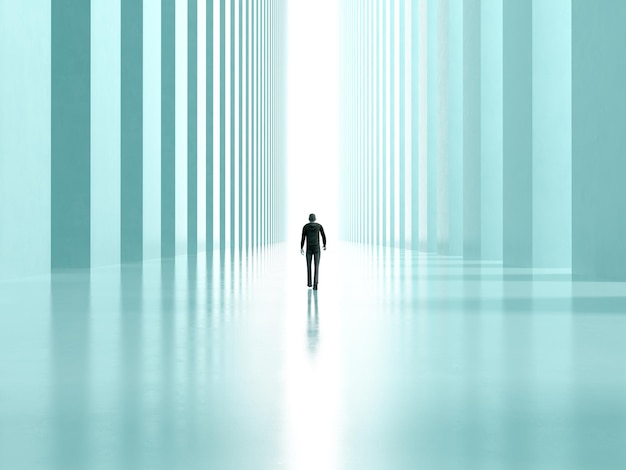 孤独な男が光の 3 D レンダリングに列を持つ廊下を歩く
